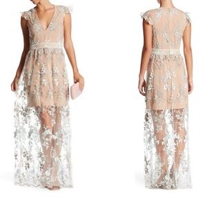 Wayf Floral Mesh Lace Embroidered Maxi Cocktail Dress